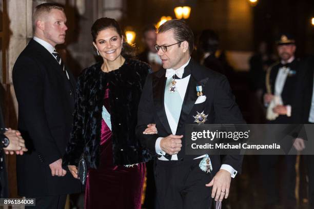 Crown Princess Victoria of Sweden and husband Prince Daniel of Sweden attend a formal gathering at the Swedish Academy on December 20, 2017 in...