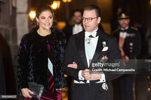 Crown Princess Victoria of Sweden and husband Prince Daniel of Sweden attend a formal gathering at the Swedish Academy on December 20, 2017 in...