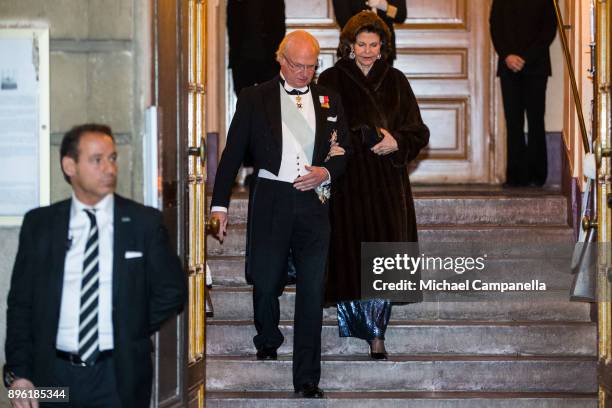 King Carl XVI Gustaf of Sweden and Queen Silvia of Sweden attend a formal gathering at the Swedish Academy on December 20, 2017 in Stockholm, Sweden.