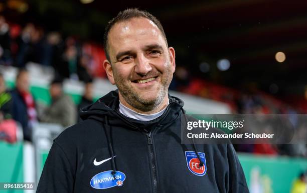 Head coach Frank Schmidt of Heidenheim is seen prior to the DFB Cup match between 1. FC Heidenheim and Eintracht Frankfurt at Voith-Arena on December...