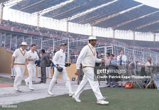 England captain Graham Gooch leads his team onto the field followed by Alec Stewart, Robin Smith and Mike Gatting during the 1st Test match between...