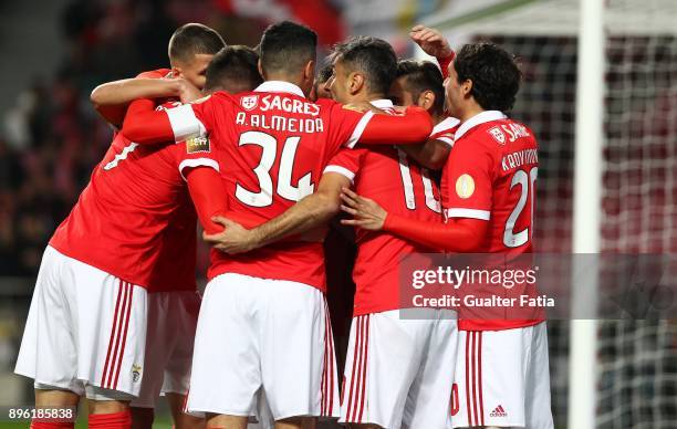 Benfica forward Jonas from Brazil celebrates with teammates after scoring a goal during the Portuguese League Cup match between SL Benfica and...