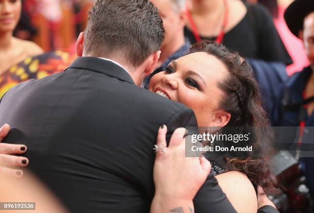Keala Settle greets Hugh Jackman during the Australian premiere of The Greatest Showman at The Star on December 20, 2017 in Sydney, Australia.