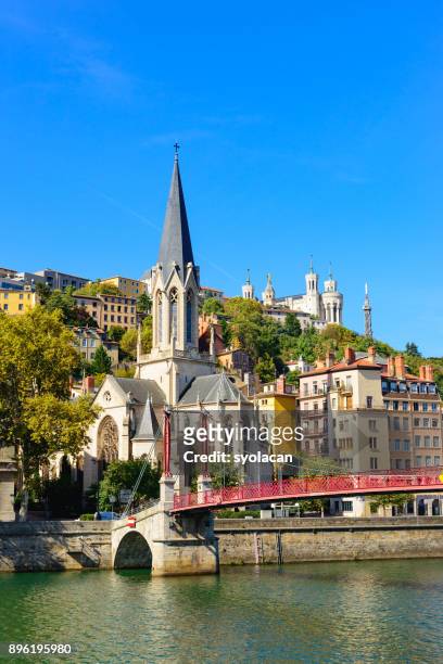 lyon cityscape from rhone river - rhone river stock pictures, royalty-free photos & images