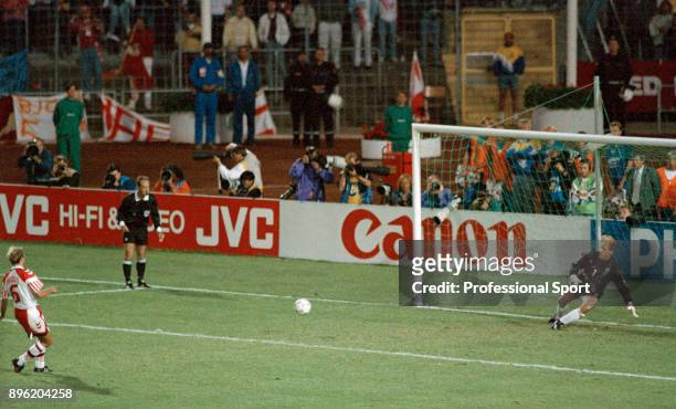 Kim Christofte of Denmark scores the winning penalty in the shoot-out past Hans van Breukelen of the Netherlands during the UEFA Euro 92 Semi Final...
