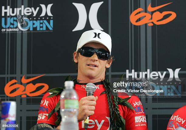 Brett Simpson speaks during the post-contest press conference after winning the Men's Final against Mick Fanning during the 2009 Hurley U.S. Open of...