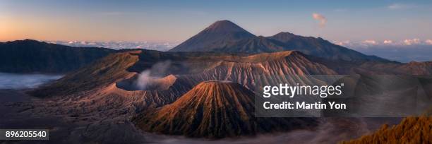 panorama of morning scene at mt.bromo - mount bromo stock pictures, royalty-free photos & images