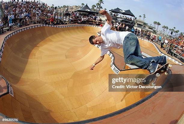 Rune Glifberg comes off the top of the Converse bowl during the Converse Coastal Carnage skateboard event as part of the 2009 Hurley U.S. Open of...