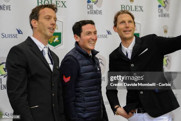 Harrie SMOLDERS for Holland, Lorenzo DE LUCA of Italy, Kevin STAUT of France, during 17th Rolex IJRC Top 10 Final. International Jumping Competition...