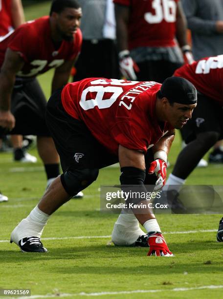 Tight end Tony Gonzalez of the Atlanta Falcons during opening day of training camp on August 1, 2009 at the Falcons Training Complex in Flowery...