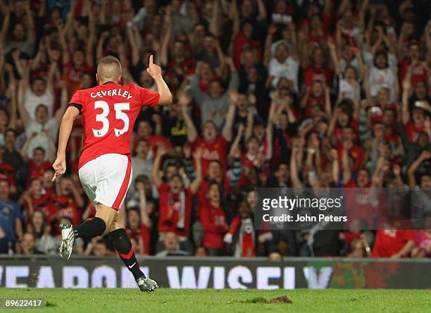 Tom Cleverley of Manchester United celebrates scoring their second goal during the pre-season friendly match between Manchester United and Valencia...
