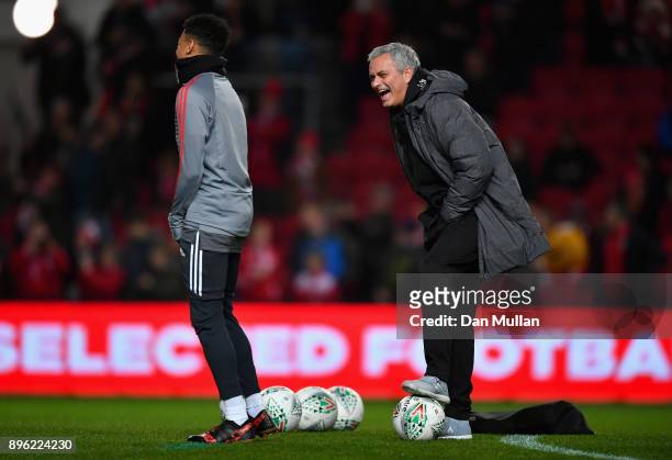 Jose Mourinho, Manager of Manchester United enjoys the pre match atmosphere prior to the Carabao Cup Quarter-Final match between Bristol City and...