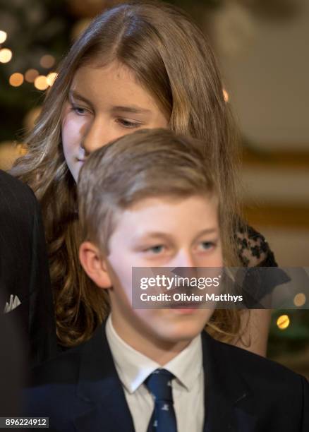 Princess Elisabeth of Belgium and Prince Emmanuel of Belgium pose in front of the christmas tree, on December 20, 2017 at the Royal Palace in...