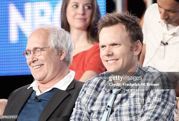 Actors Chevy Chase and Joel McHale of the television show "Community" share a laugh during the NBC Network portion of the 2009 Summer Television...