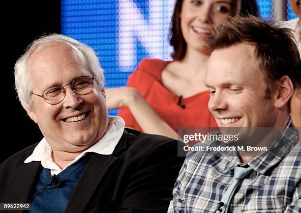 Actors Chevy Chase and Joel McHale of the television show "Community" share a laugh during the NBC Network portion of the 2009 Summer Television...