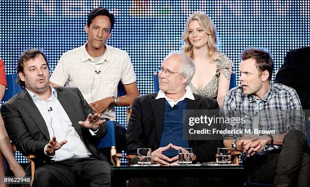 Executive producer Dan Harmon of the television show "Community" speaks as actors Danny Pudi and Gillian Jacobs and Chevy Chase and Joel McHale look...