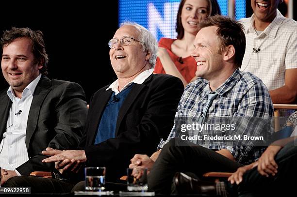 Actors Chevy Chase and Joel McHale of the television show "Community" share a laugh during the NBC Network portion of the 2009 Summer Television...