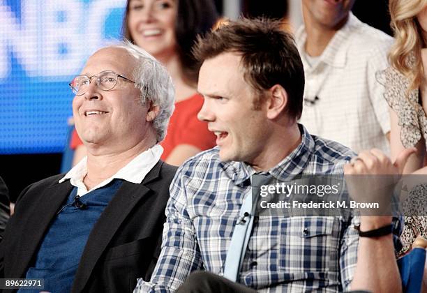 Actor Joel McHale of the television show "Community" speaks as Chevy Chase looks on during the NBC Network portion of the 2009 Summer Television...