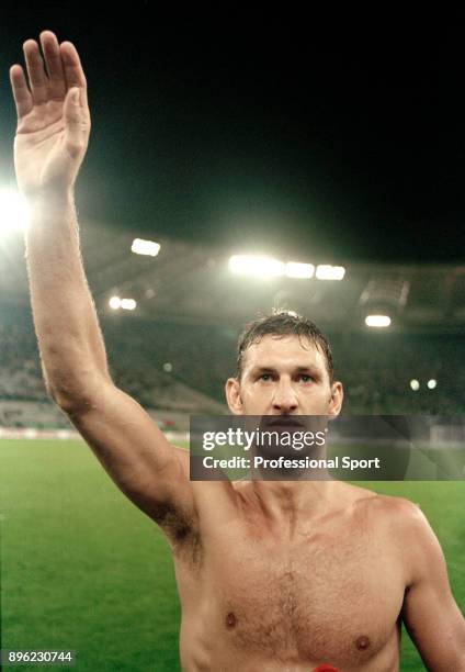 Tony Adams of England celebrates qualification for the 1998 FIFA World Cup in France after securing a draw in the last qualifier between Italy and...