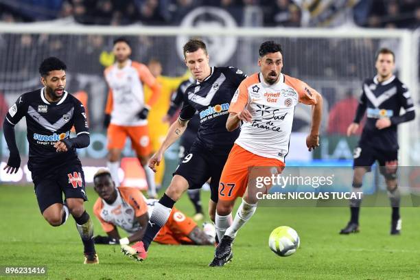 Montpellier's Uruguayan midfielder Facundo Piriz runs with the ball during the French L1 football match between Bordeaux and Montpellier on December...
