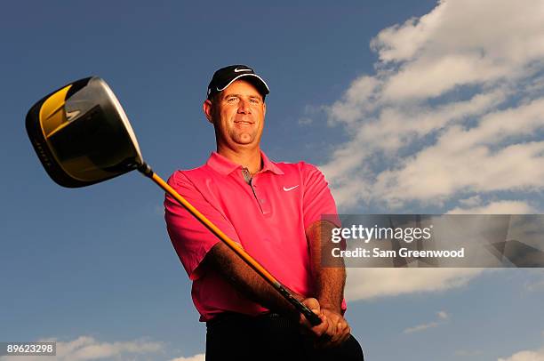 Stewart Cink poses for a portrait prior to the WGC-Bridgestone Invitational on the South Course at Firestone Country Club on August 5, 2009 in Akron,...