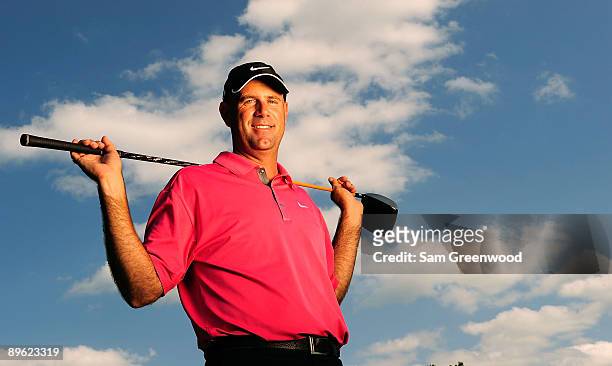 Stewart Cink poses for a portrait prior to the WGC-Bridgestone Invitational on the South Course at Firestone Country Club on August 5, 2009 in Akron,...