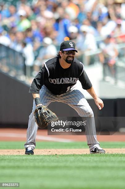 Todd Helton of the Colorado Rockies plays first base against the New York Mets at Citi Field on July 30, 2009 in New York, New York.