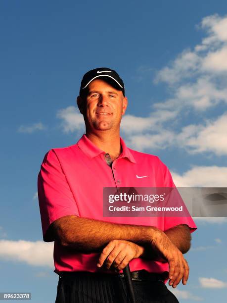 Stewart Cink poses for a portrait prior to the WGC-Bridgestone Invitational on the South Course at Firestone Country Club on August 5, 2009 in Akron,...