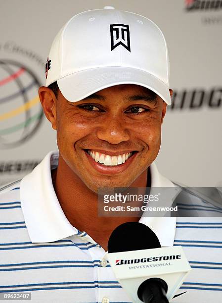 Tiger Woods speaks to the media prior to the WGC-Bridgestone Invitational on the South Course at Firestone Country Club on August 5, 2009 in Akron,...
