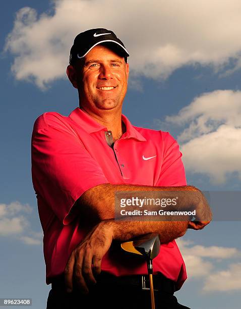 Stewart Cink poses for a portrait prior to the WGC-Bridgestone Invitational on the South Course at Firestone Country Club on August 5, 2009 in Akron,...