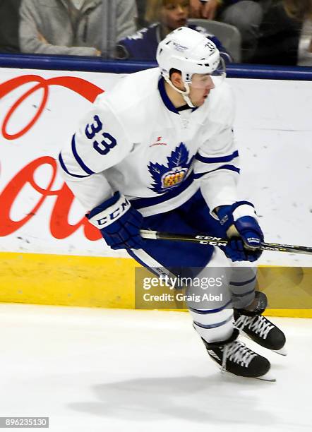 Frederik Gauthier of the Toronto Marlies turns up ice against the Manitoba Moose during AHL game action on December 17, 2017 at Ricoh Coliseum in...