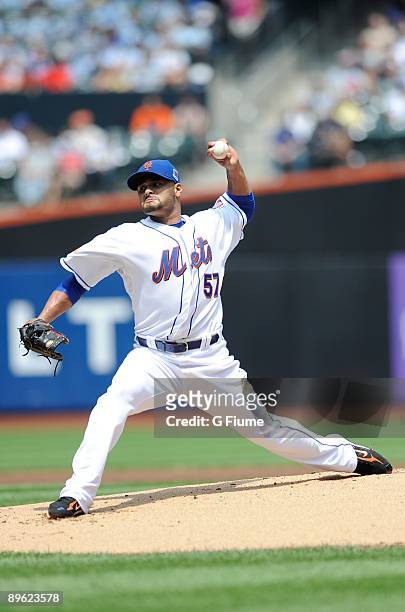 Johan Santana of the New York Mets pitches against the Colorado Rockies at Citi Field on July 30, 2009 in New York, New York.