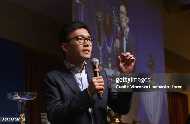 Steven Zhang speaks during the FC Internazionale Youth Teams Christmas Party at on December 20, 2017 in near Milan, Italy.