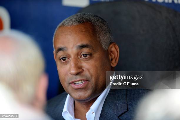 General Manager Omar Minaya of the New York Mets talks to the media before the game against the Colorado Rockies at Citi Field on July 30, 2009 in...