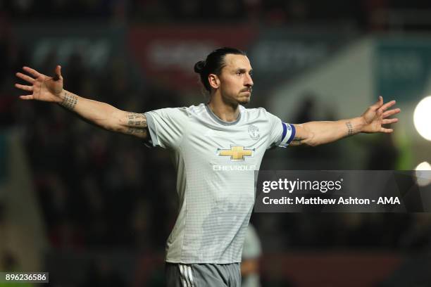 Zlatan Ibrahimovic of Manchester United celebrates scoring a goal to make the score 1-1 during the Carabao Cup Quarter-Final match between Bristol...