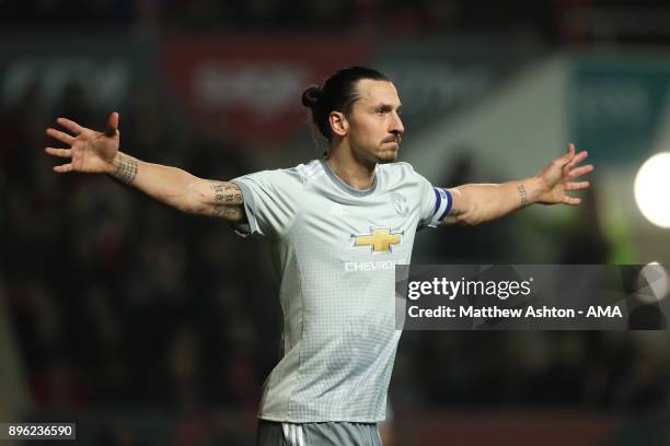 Zlatan Ibrahimovic of Manchester United celebrates scoring a goal to make the score 1-1 during the Carabao Cup Quarter-Final match between Bristol...