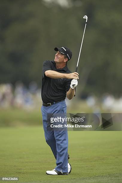 Fred Funk in action, taking approach shot on No 18 during Saturday play at Crooked Stick GC. Carmel, IN 8/1/2009 CREDIT: Mike Ehrmann