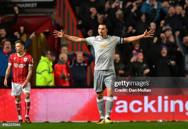 Zlatan Ibrahimovic of Manchester United celebrates after scoring his sides first goal during the Carabao Cup Quarter-Final match between Bristol City...