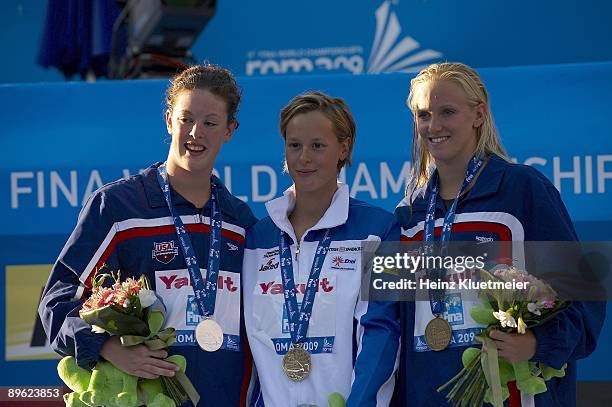 13th FINA World Championships: USA Allison Schmitt , Italy Federica Pellegrini and USA Dana Vollmer victorious with medals after Women's 200M...