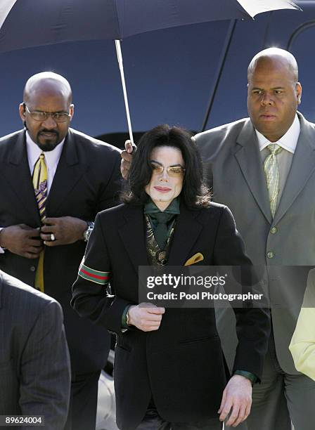 Michael Jackson arrives at the Santa Barbara County courthouse for his child molestation trial Monday, April 18 in Santa Maria, California.