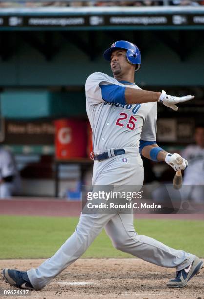 Derrek Lee of the Chicago Cubs bats during a MLB game against the Florida Marlins on August 2, 2009 at Land Shark Stadium in Miami, Florida.