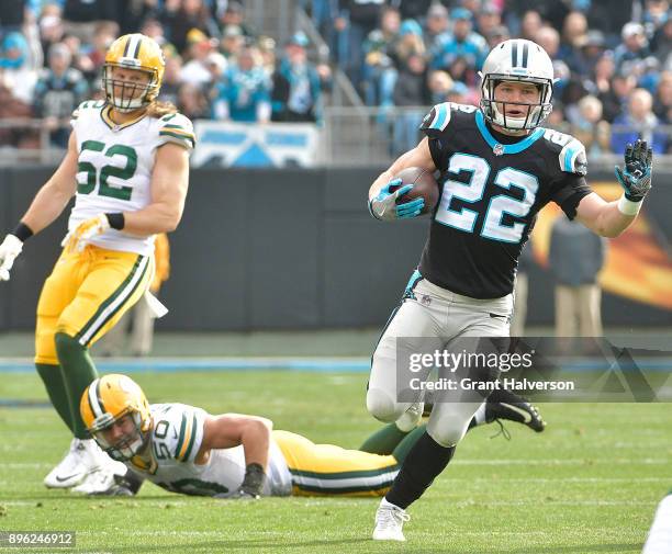 Christian McCaffrey of the Carolina Panthers during their game against the Green Bay Packers at Bank of America Stadium on December 17, 2017 in...