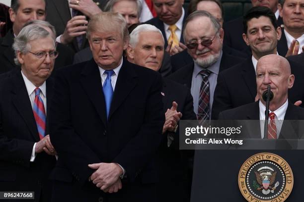 Clockwise from the right, U.S. Senate Majority Leader Sen. Mitch McConnell , President Donald Trump, Vice President Mike Pence, Rep. Don Young ,...