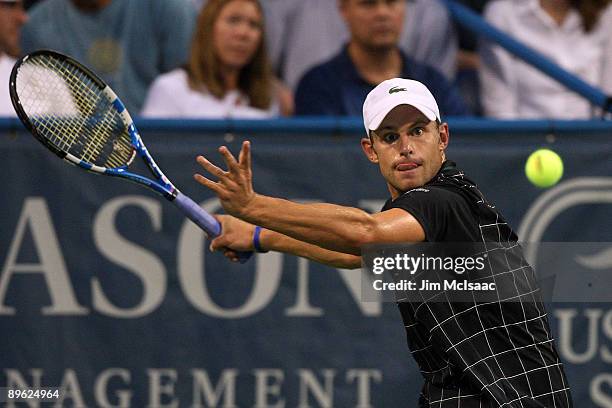 Andy Roddick returns a shot against Benjamin Becker of Germany during Day 3 of the Legg Mason Tennis Classic at the William H.G. FitzGerald Tennis...