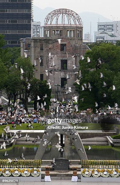 Doves are released as a sign of peace during the Hiroshima Peace Memorial Ceremony at the Hiroshima Peace Memorial Park on August 6, 2009 in...