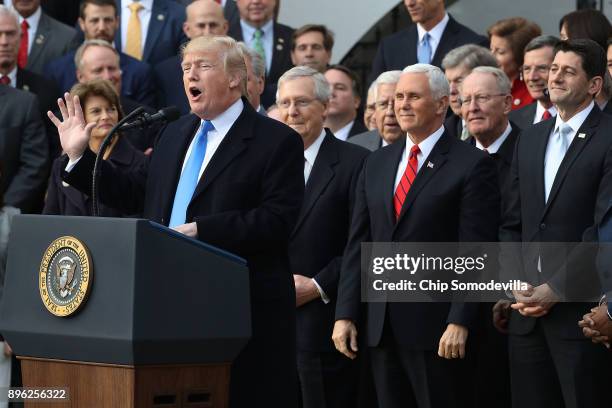 President Donald Trump hosts an event to celebrate Congress passing the Tax Cuts and Jobs Act with Republican members of the House and Senate on the...