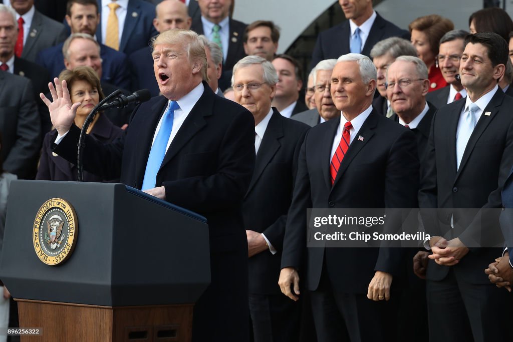 President Trump Speaks On The Passage Of The GOP Tax Plan At The White House