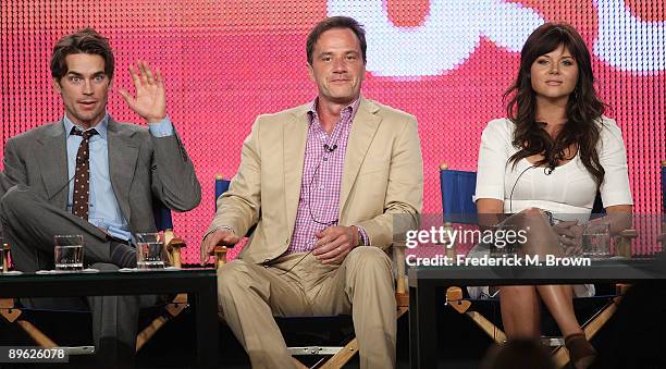 Actor Matt Bomer, Tim DeKay and actress Tiffani Thiessen of the television show "White Collar" speak during the NBC Universal Network portion of the...