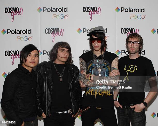 Anthony Improgo, Mason Musso, Trace Cyrus, and Blake Healy of Metro Station attend the CosmoGIRL! And Polaroid PoGo Metro Station VIP Concert on June...