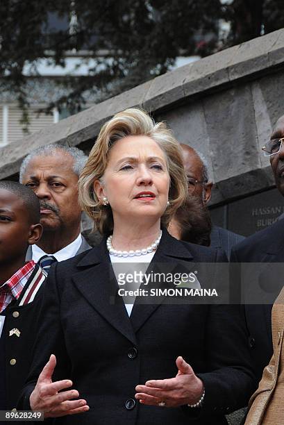 Secretary of State Hillary Clinton speaks after laying a wreath of flowers on the site on August 6, 2009 of the bombings against the US embassy in...